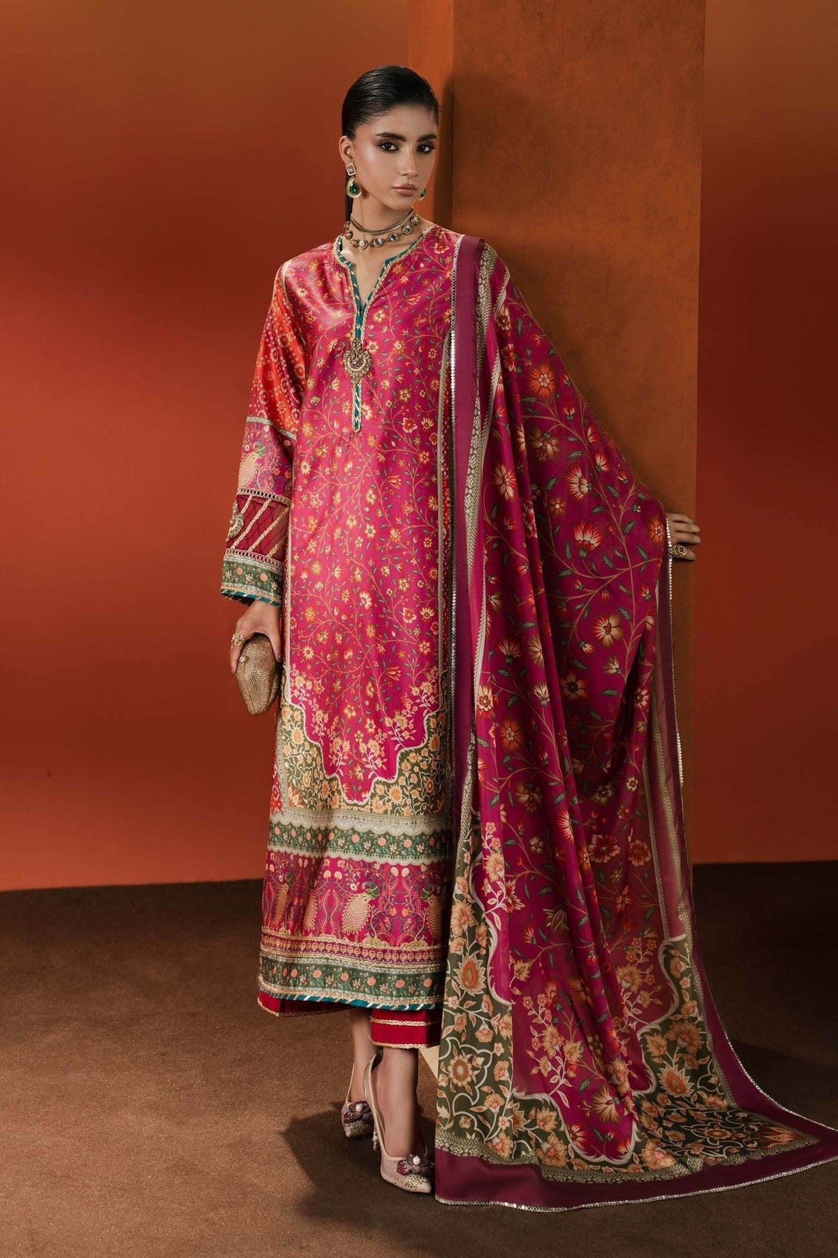 Maria B | RTW | 3 Piece Embroidered Satin Silk Suit-Brand:Maria B-Type:Luxury Formals-Orange - House of Maryam- Buy in UK, USA