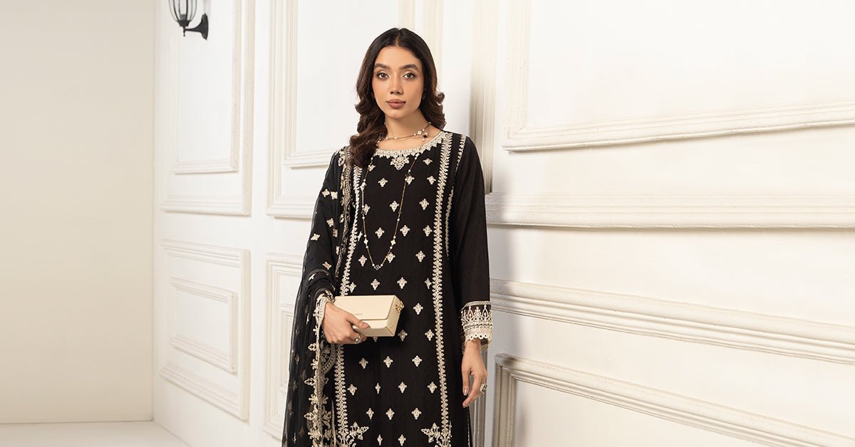 Maria B | RTW | 3 Piece Embroidered Self Jacquard Suit-Brand:Maria B-Type:Luxury Pret-Black - House of Maryam- Buy in UK, USA