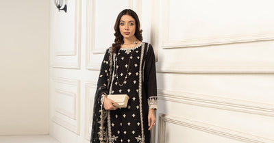 Maria B | RTW | 3 Piece Embroidered Self Jacquard Suit-Brand:Maria B-Type:Luxury Pret-Black - House of Maryam- Buy in UK, USA