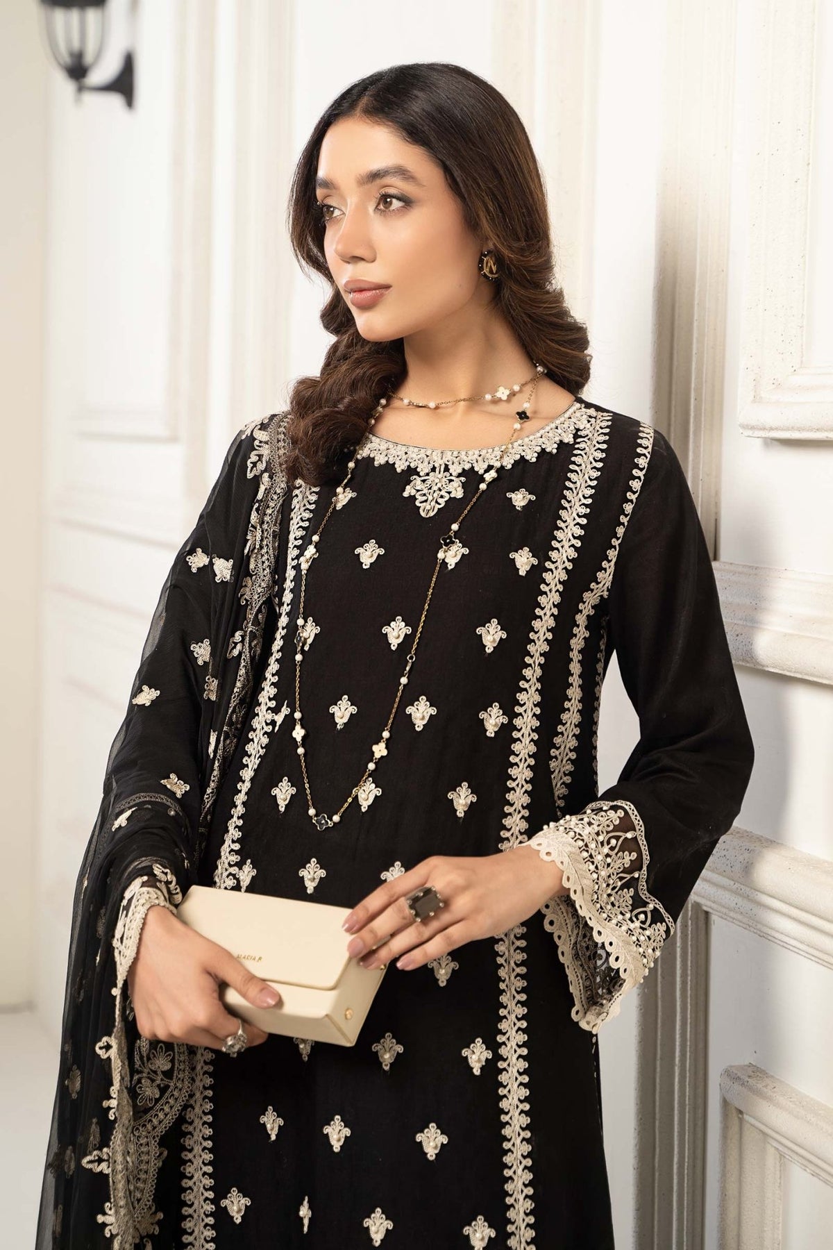Maria B | RTW | 3 Piece Embroidered Self Jacquard Suit-Brand:Maria B-Type:Luxury Pret-Black - House of Maryam- Buy in UK, USA