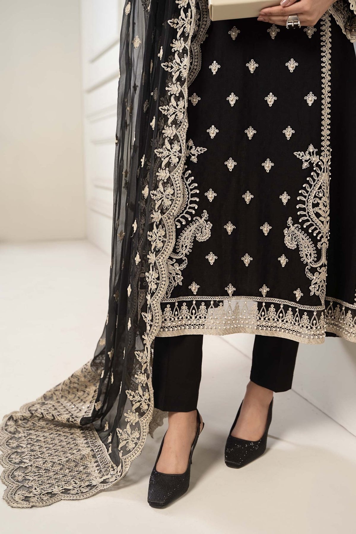 Maria B | RTW | 3 Piece Embroidered Self Jacquard Suit-Brand:Maria B-Type:Luxury Pret-Black - House of Maryam- Buy in UK, USA