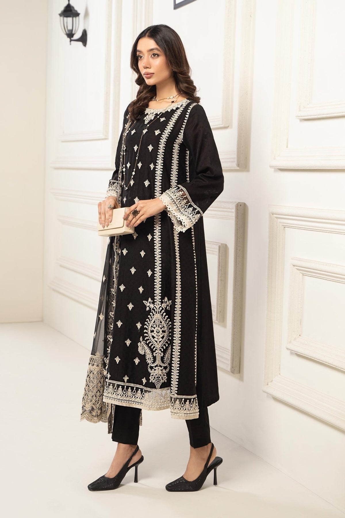 Maria B | RTW | 3 Piece Embroidered Self Jacquard Suit-Brand:Maria B-Type:Luxury Pret-Black - House of Maryam- Buy in UK, USA