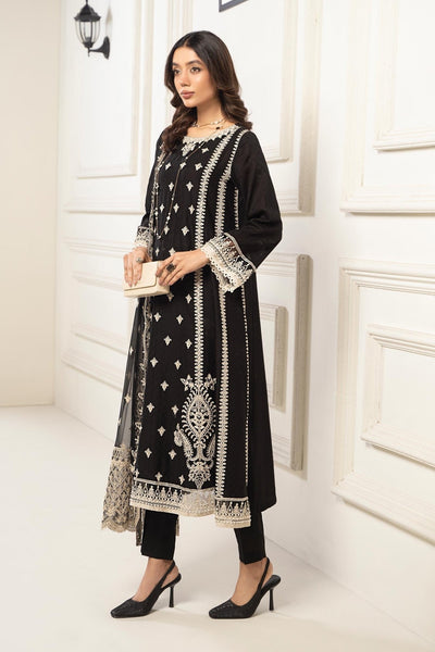 Maria B | RTW | 3 Piece Embroidered Self Jacquard Suit-Brand:Maria B-Type:Luxury Pret-Black - House of Maryam- Buy in UK, USA