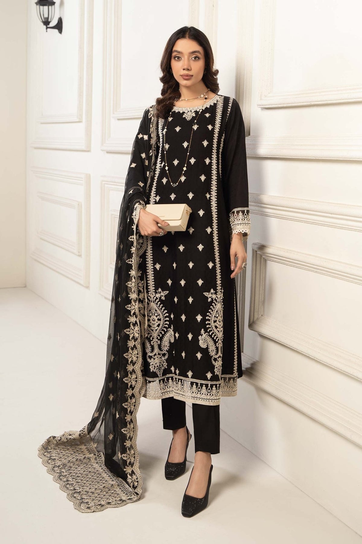 Maria B | RTW | 3 Piece Embroidered Self Jacquard Suit-Brand:Maria B-Type:Luxury Pret-Black - House of Maryam- Buy in UK, USA