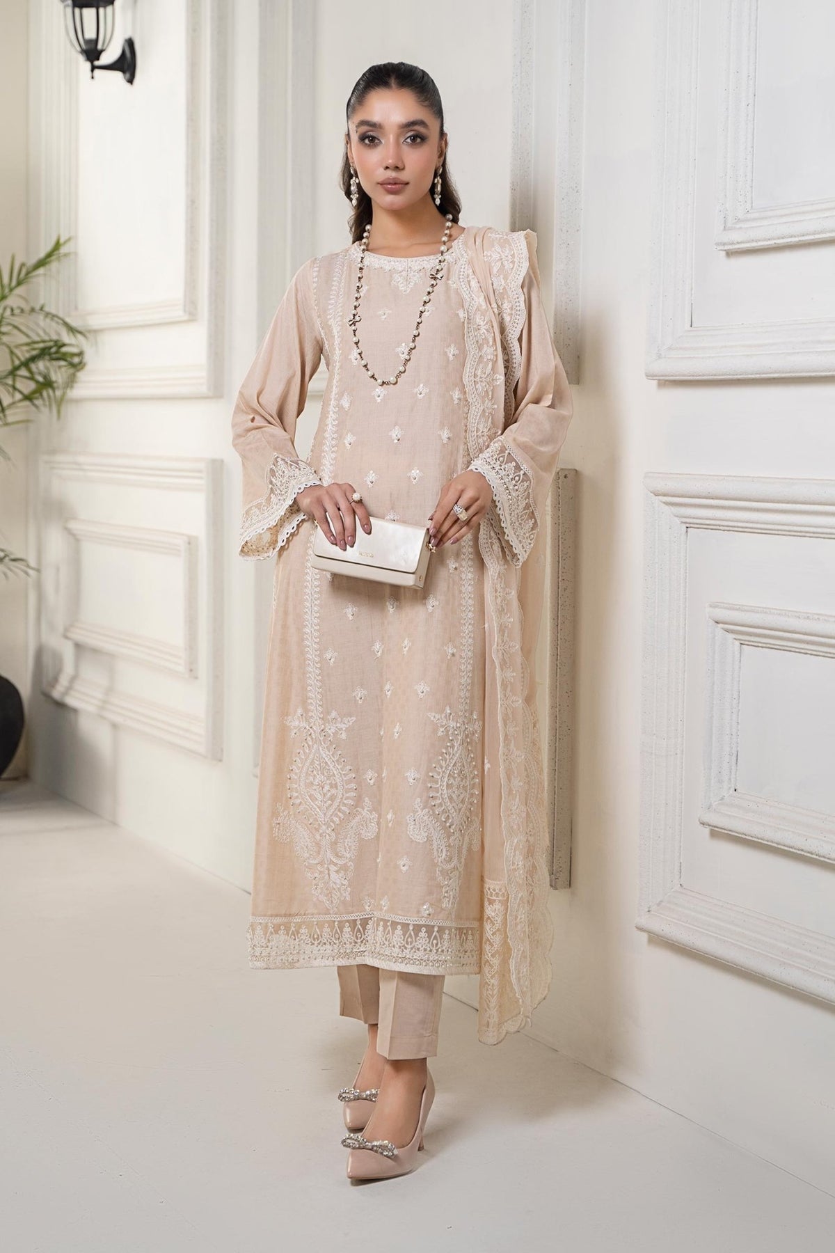 Maria B | RTW | 3 Piece Embroidered Self Jacquard Suit-Brand:Maria B-Type:Luxury Pret-Brown - House of Maryam- Buy in UK, USA