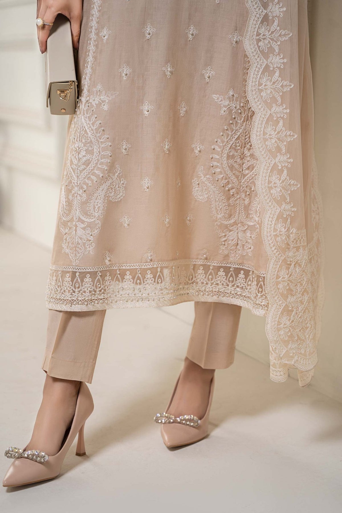 Maria B | RTW | 3 Piece Embroidered Self Jacquard Suit-Brand:Maria B-Type:Luxury Pret-Brown - House of Maryam- Buy in UK, USA