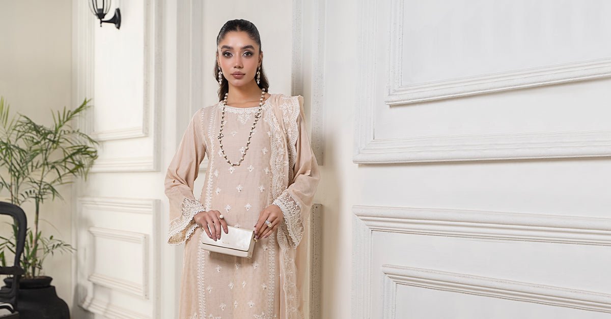Maria B | RTW | 3 Piece Embroidered Self Jacquard Suit-Brand:Maria B-Type:Luxury Pret-Brown - House of Maryam- Buy in UK, USA