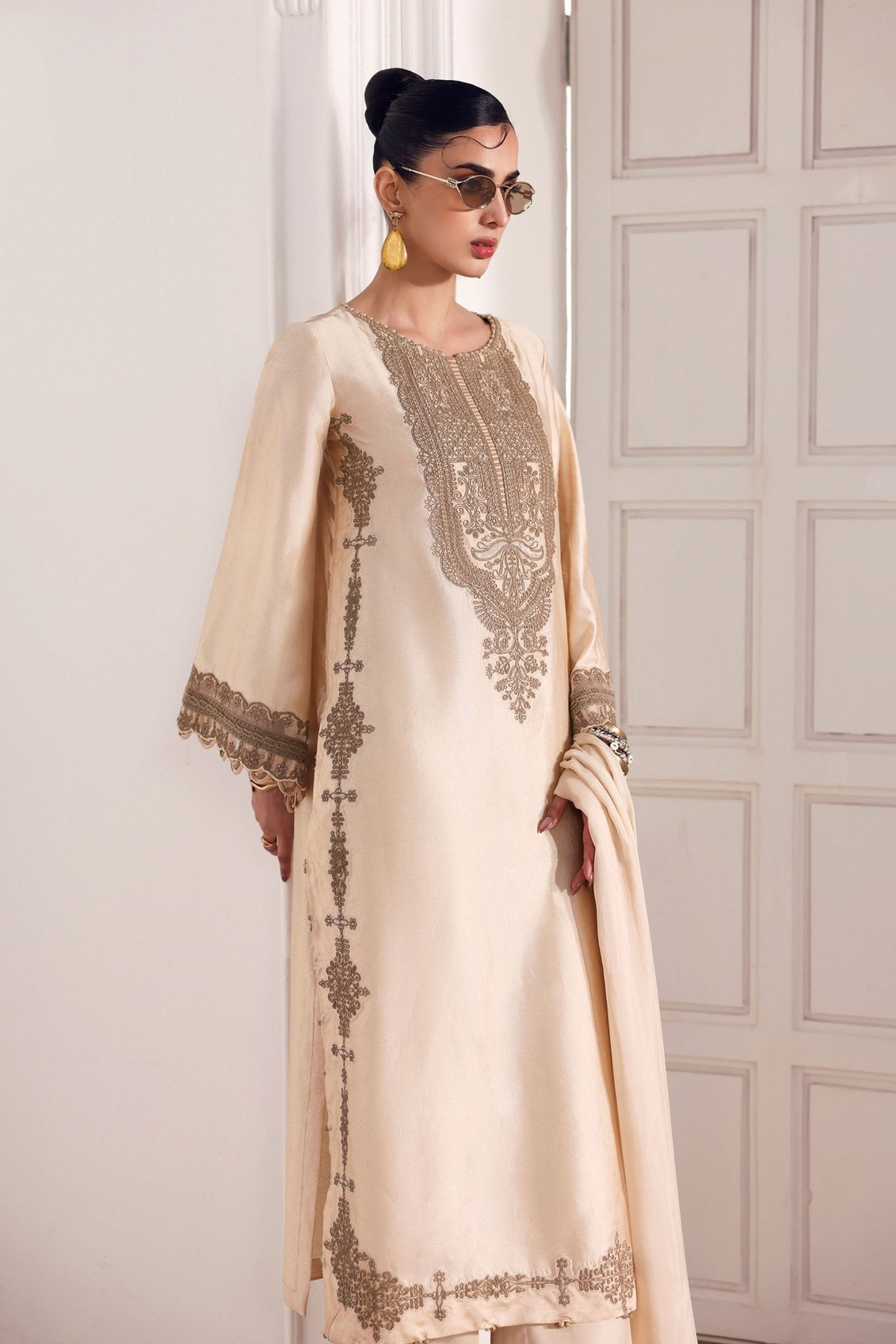 Maria B | RTW | 3 Piece Embroidered Self Tassel Silk Suit-Brand:Maria B-Type:Luxury Formals-Beige - House of Maryam- Buy in UK, USA