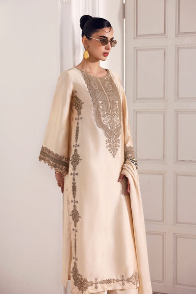 Maria B | RTW | 3 Piece Embroidered Self Tassel Silk Suit-Brand:Maria B-Type:Luxury Formals-Beige - House of Maryam- Buy in UK, USA