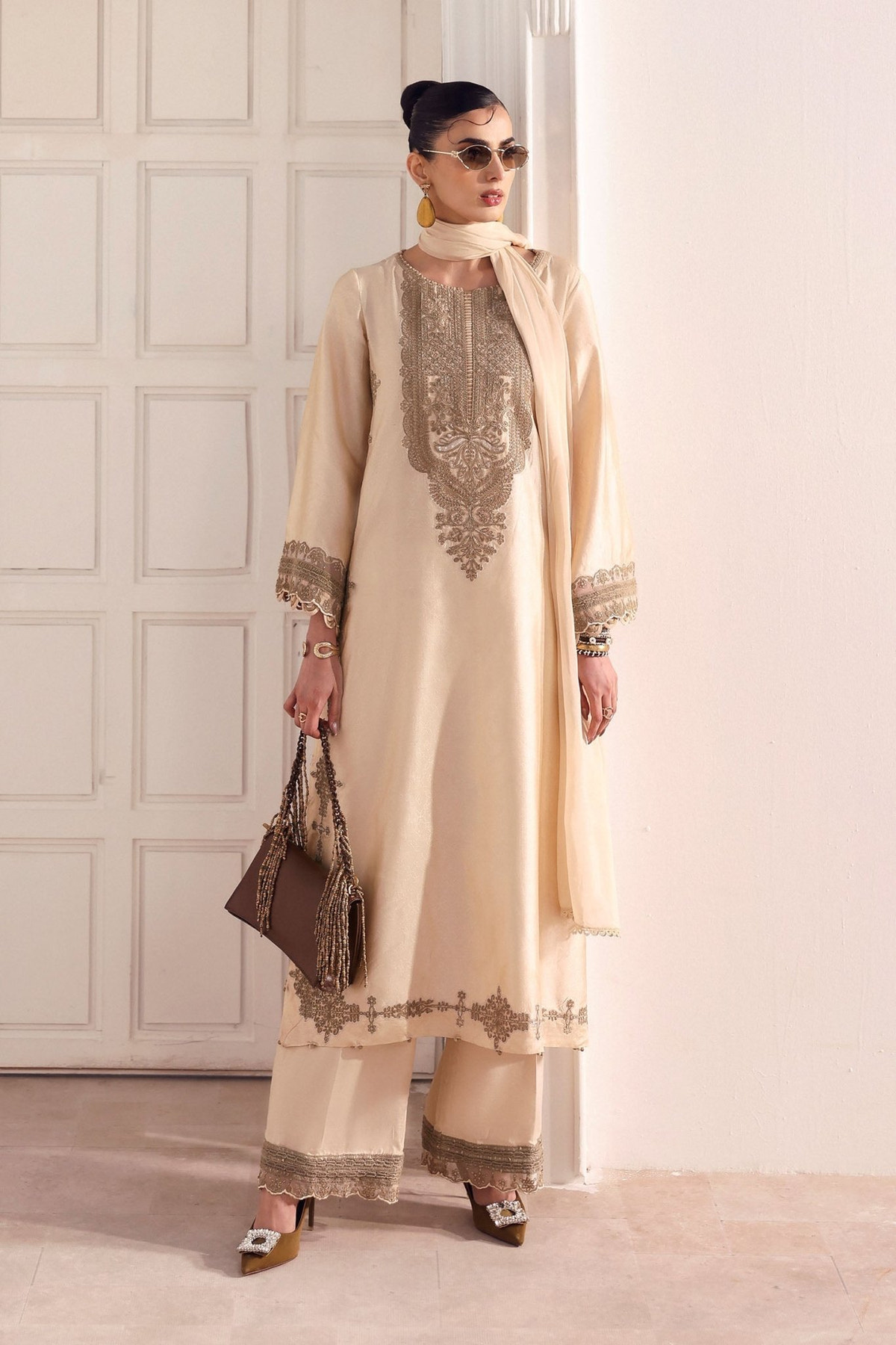 Maria B | RTW | 3 Piece Embroidered Self Tassel Silk Suit-Brand:Maria B-Type:Luxury Formals-Beige - House of Maryam- Buy in UK, USA