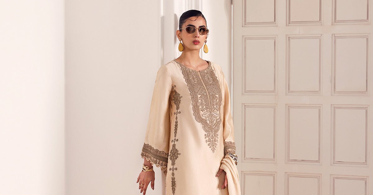 Maria B | RTW | 3 Piece Embroidered Self Tassel Silk Suit-Brand:Maria B-Type:Luxury Formals-Beige - House of Maryam- Buy in UK, USA