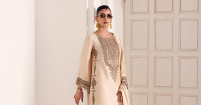 Maria B | RTW | 3 Piece Embroidered Self Tassel Silk Suit-Brand:Maria B-Type:Luxury Formals-Beige - House of Maryam- Buy in UK, USA