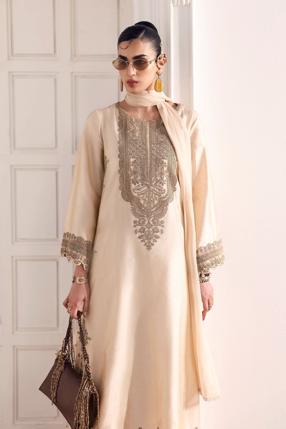 Maria B | RTW | 3 Piece Embroidered Self Tassel Silk Suit-Brand:Maria B-Type:Luxury Formals-Beige - House of Maryam- Buy in UK, USA