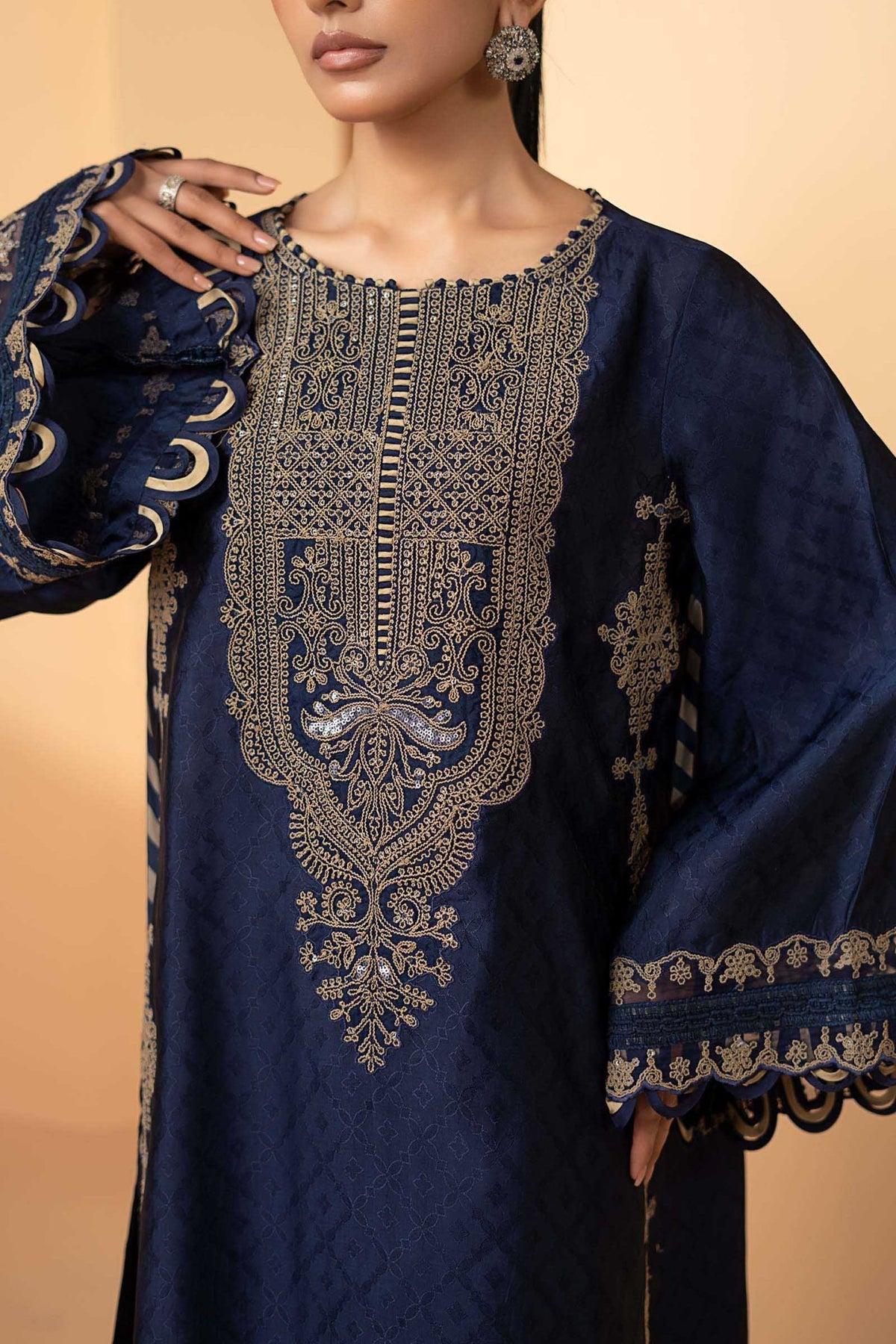 Maria B | RTW | 3 Piece Embroidered Self Tassel Silk Suit-Brand:Maria B-Type:Luxury Formals-Blue - House of Maryam- Buy in UK, USA