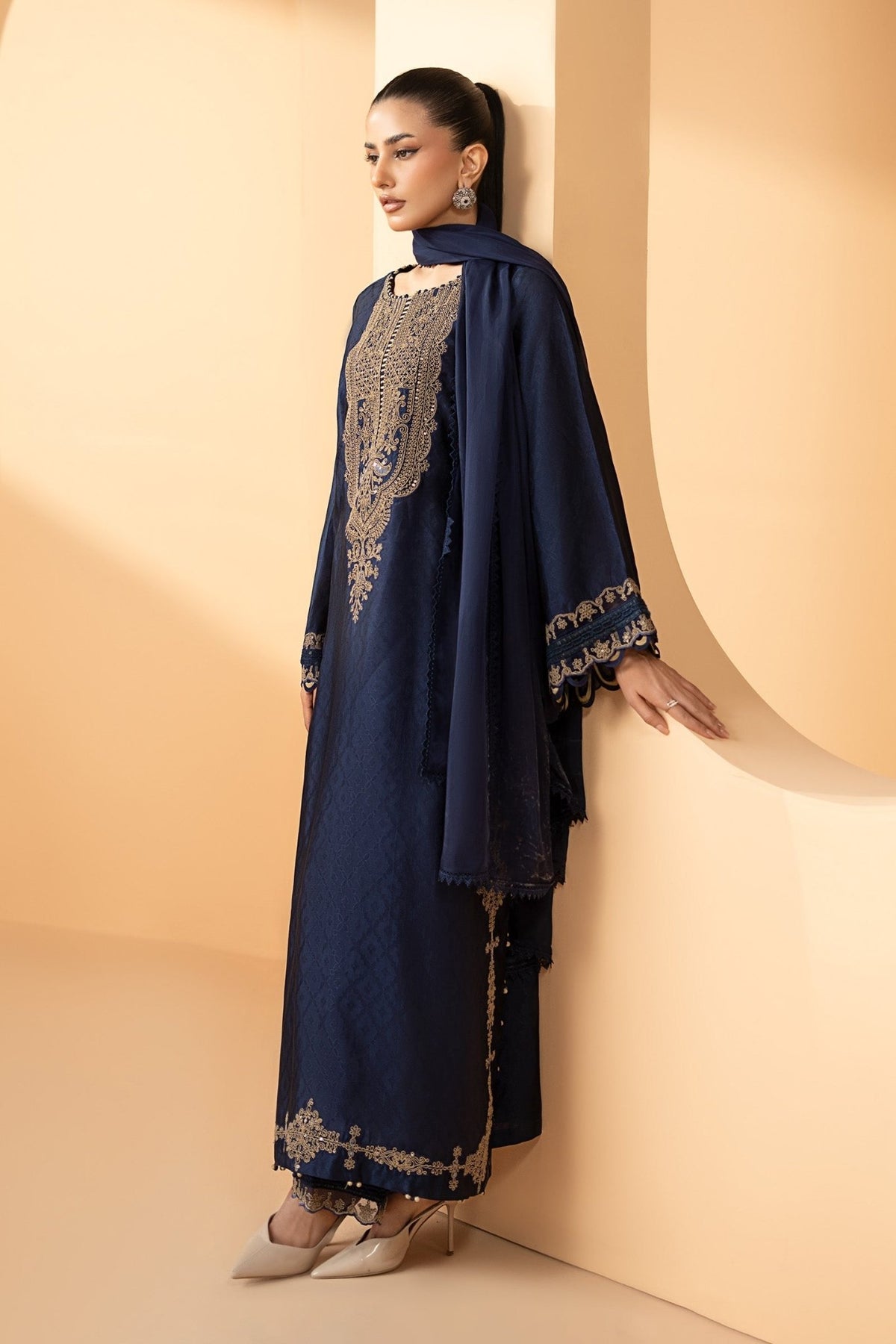 Maria B | RTW | 3 Piece Embroidered Self Tassel Silk Suit-Brand:Maria B-Type:Luxury Formals-Blue - House of Maryam- Buy in UK, USA