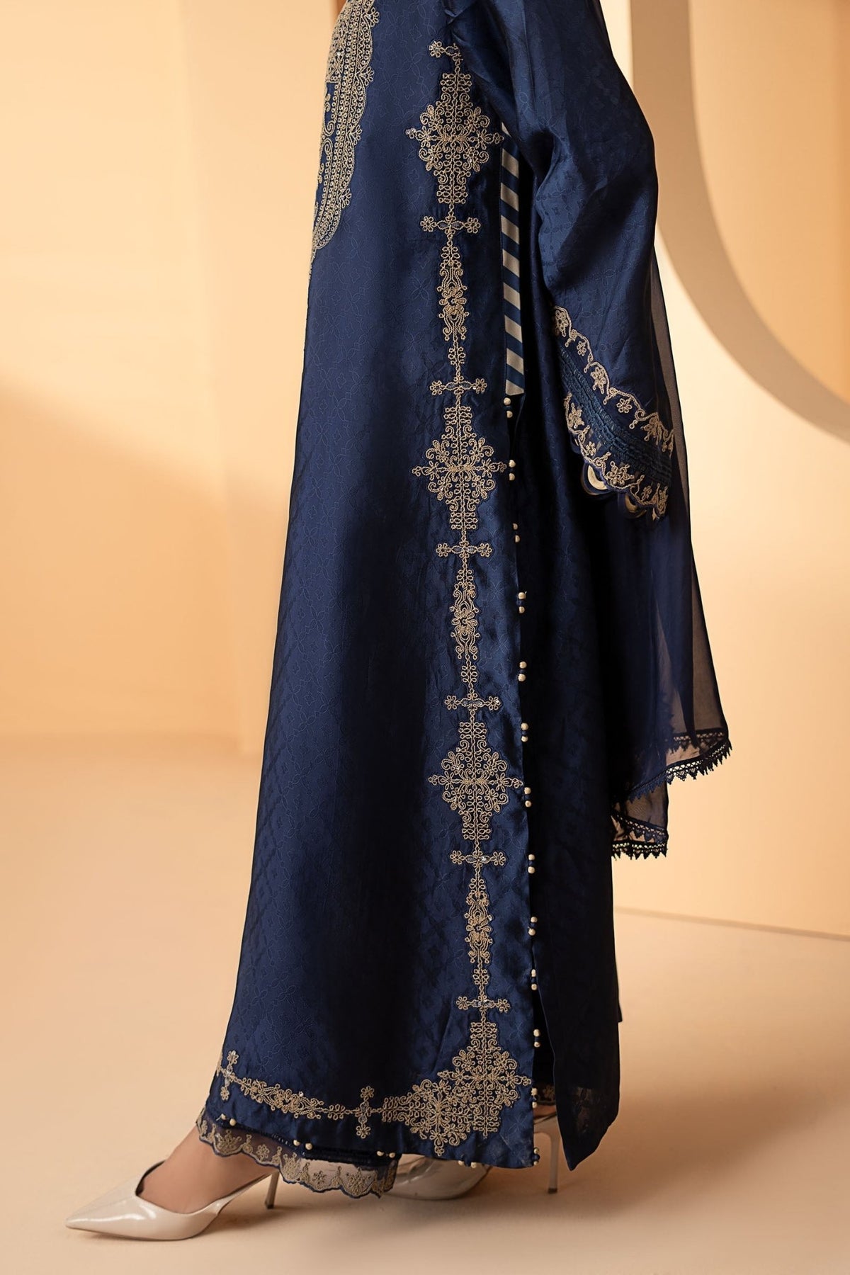 Maria B | RTW | 3 Piece Embroidered Self Tassel Silk Suit-Brand:Maria B-Type:Luxury Formals-Blue - House of Maryam- Buy in UK, USA