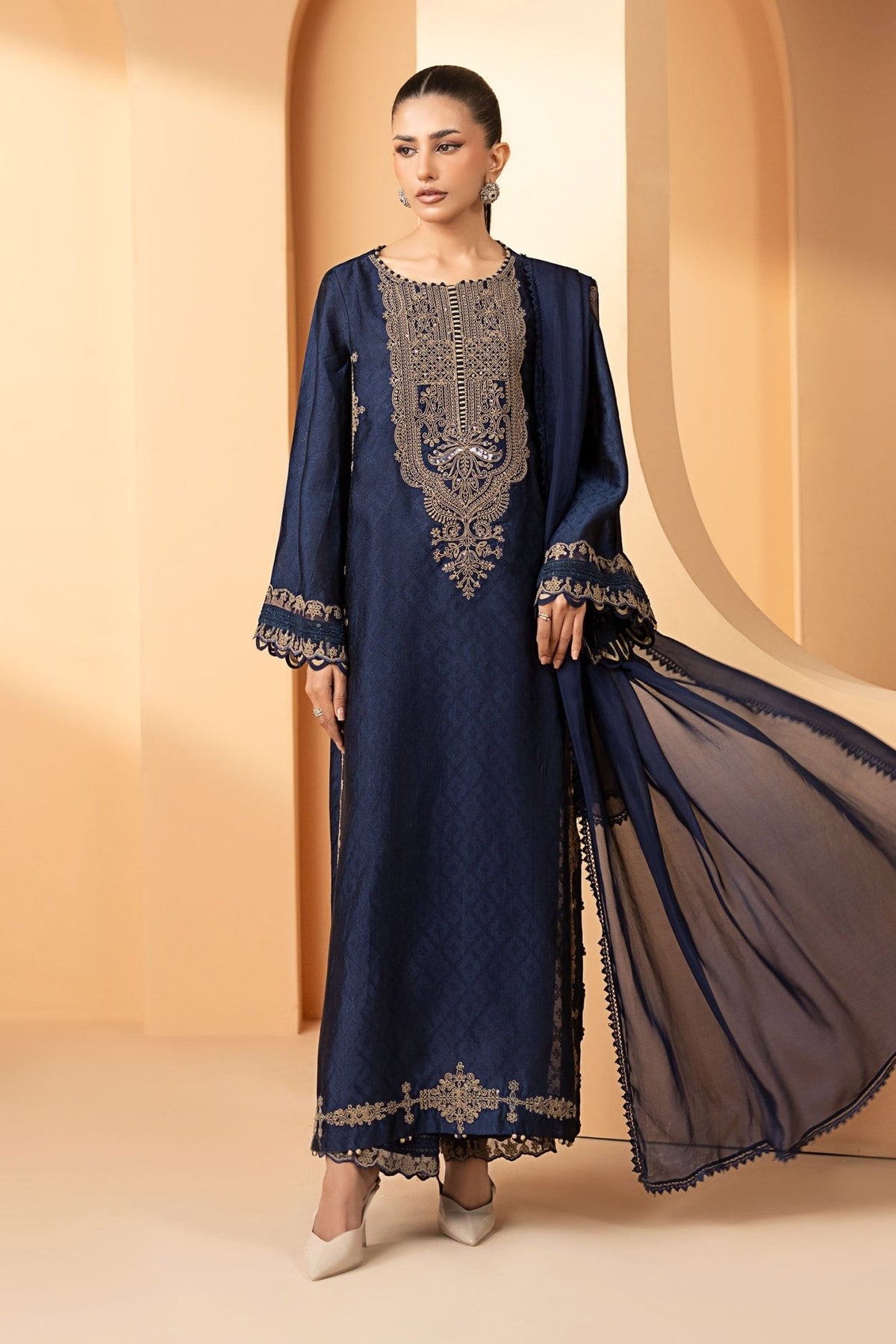 Maria B | RTW | 3 Piece Embroidered Self Tassel Silk Suit-Brand:Maria B-Type:Luxury Formals-Blue - House of Maryam- Buy in UK, USA