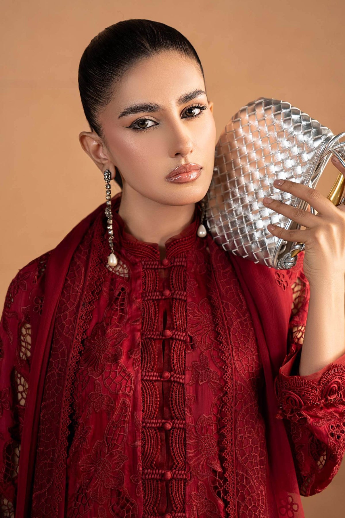 Maria B | RTW | 3 Piece Embroidered Shamoze Silk Suit-Brand:Maria B-Type:Luxury Formals-Red - House of Maryam- Buy in UK, USA
