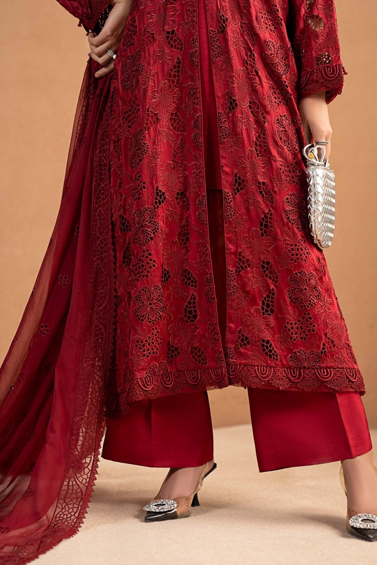 Maria B | RTW | 3 Piece Embroidered Shamoze Silk Suit-Brand:Maria B-Type:Luxury Formals-Red - House of Maryam- Buy in UK, USA