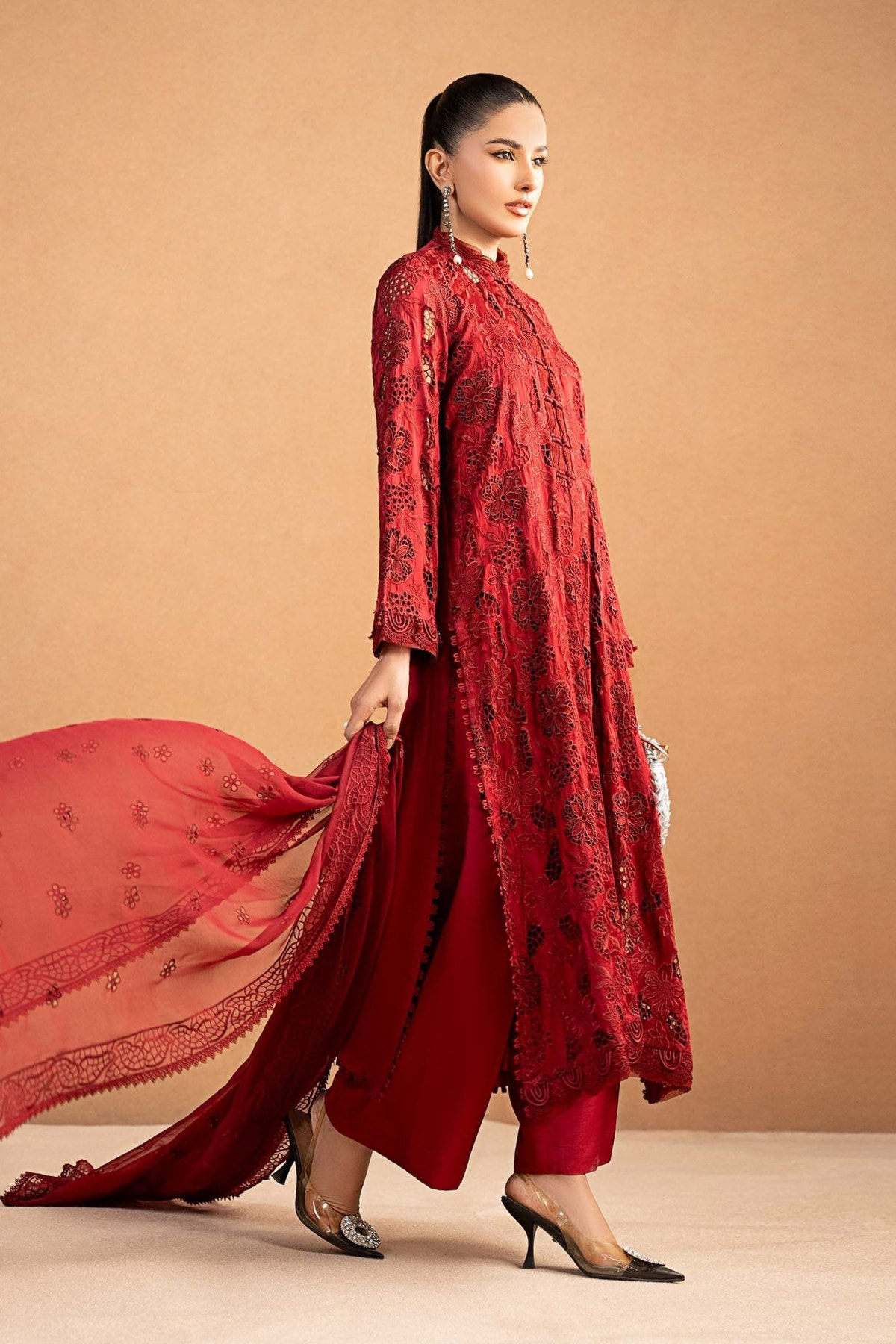 Maria B | RTW | 3 Piece Embroidered Shamoze Silk Suit-Brand:Maria B-Type:Luxury Formals-Red - House of Maryam- Buy in UK, USA