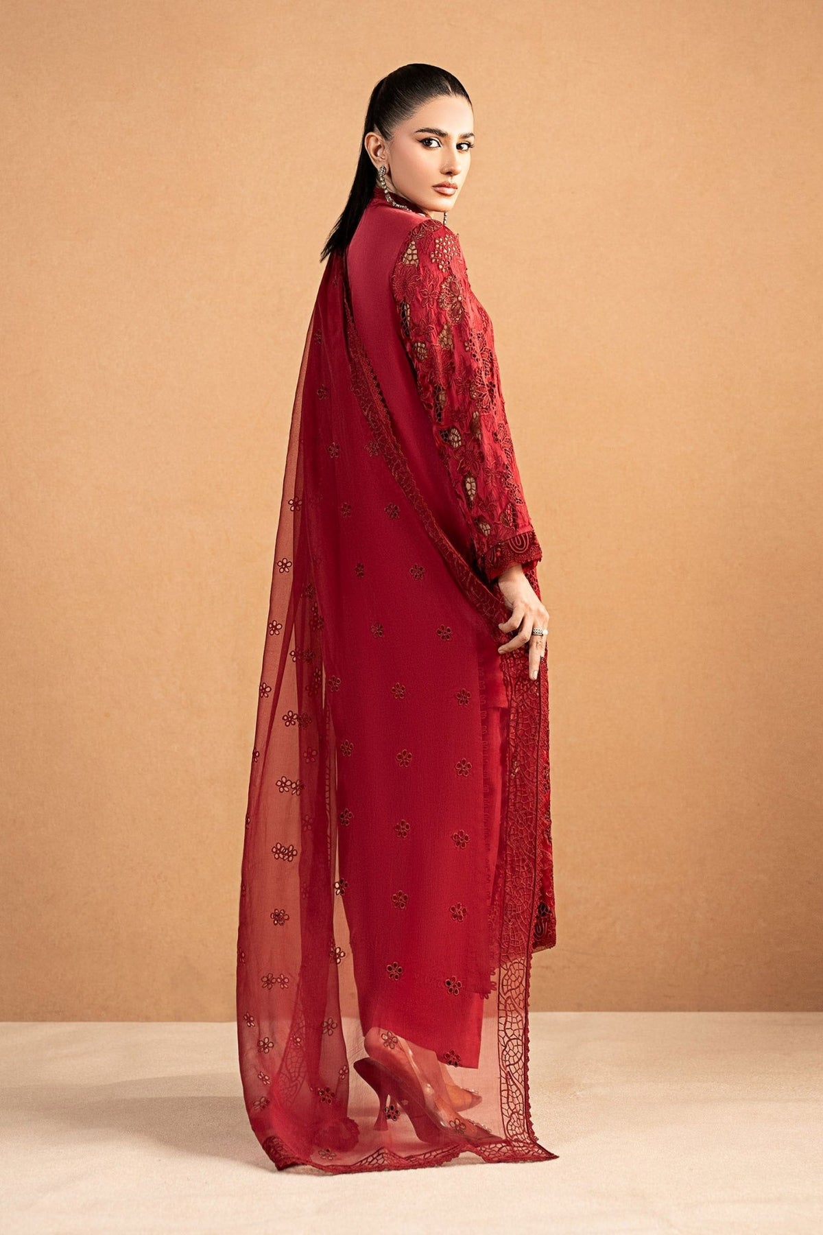 Maria B | RTW | 3 Piece Embroidered Shamoze Silk Suit-Brand:Maria B-Type:Luxury Formals-Red - House of Maryam- Buy in UK, USA