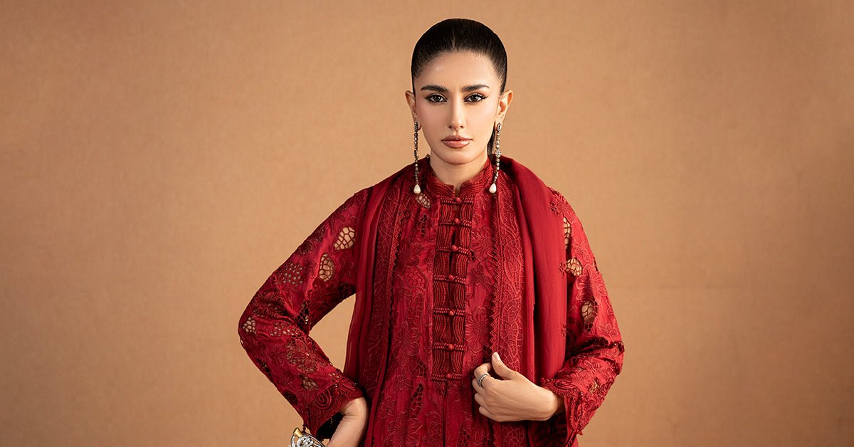 Maria B | RTW | 3 Piece Embroidered Shamoze Silk Suit-Brand:Maria B-Type:Luxury Formals-Red - House of Maryam- Buy in UK, USA