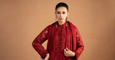 Maria B | RTW | 3 Piece Embroidered Shamoze Silk Suit-Brand:Maria B-Type:Luxury Formals-Red - House of Maryam- Buy in UK, USA