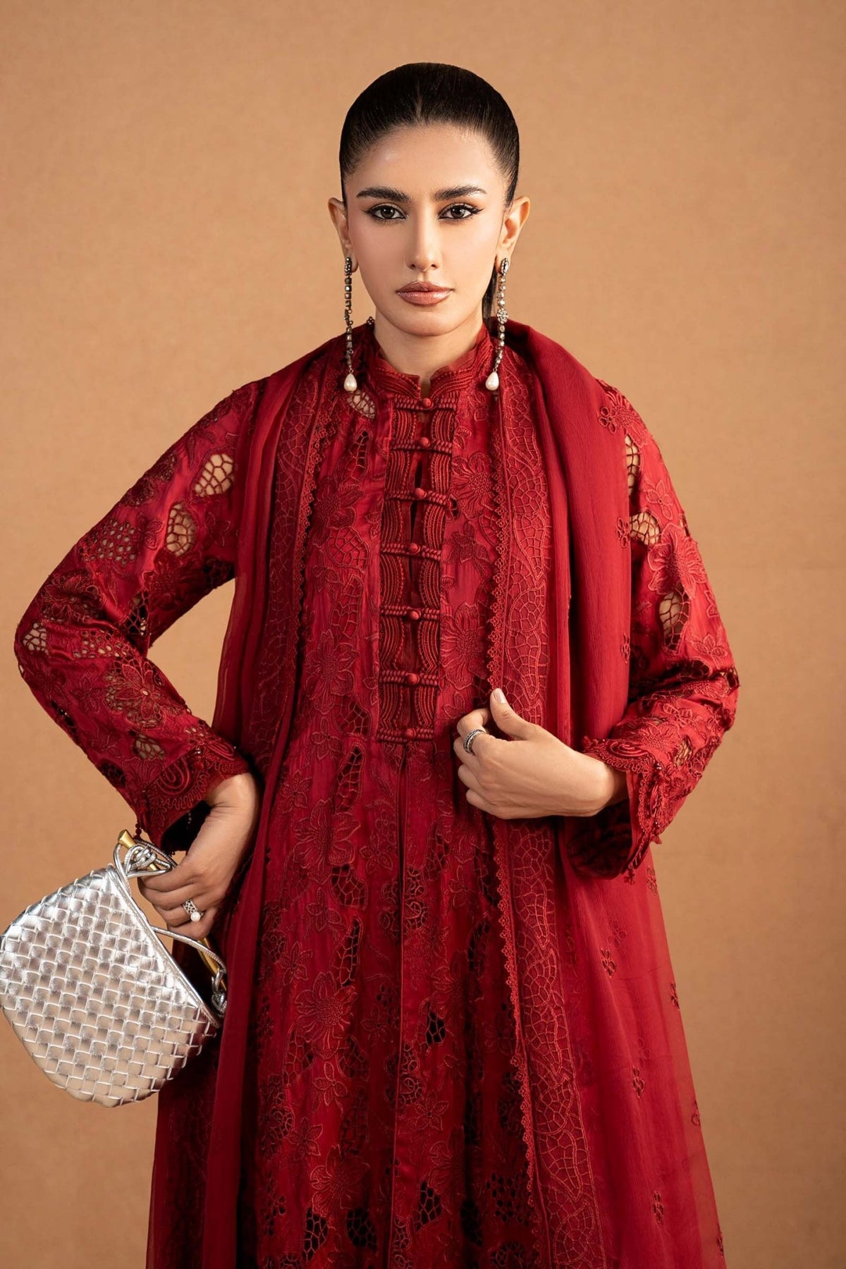 Maria B | RTW | 3 Piece Embroidered Shamoze Silk Suit-Brand:Maria B-Type:Luxury Formals-Red - House of Maryam- Buy in UK, USA