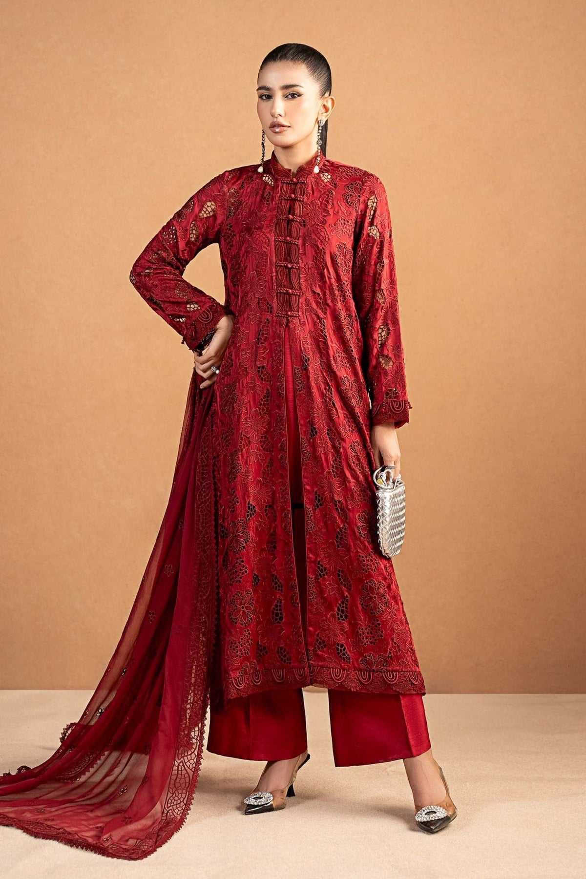 Maria B | RTW | 3 Piece Embroidered Shamoze Silk Suit-Brand:Maria B-Type:Luxury Formals-Red - House of Maryam- Buy in UK, USA