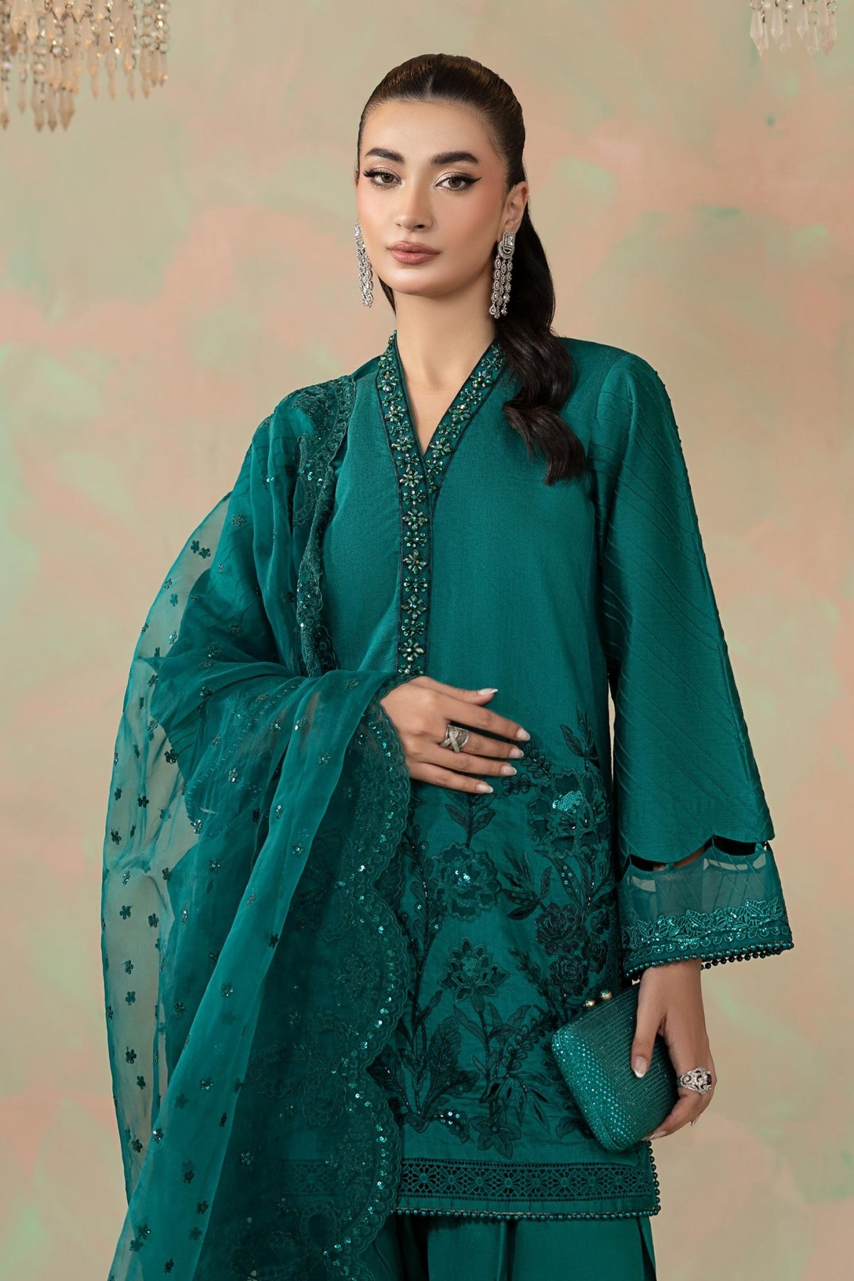 Maria B | RTW | 3 Piece Embroidered Silk Net Suit-Brand:Maria B-Type:Luxury Formals-Blue - House of Maryam- Buy in UK, USA