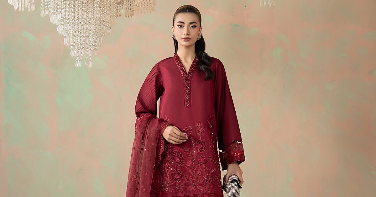 Maria B | RTW | 3 Piece Embroidered Silk Net Suit-Brand:Maria B-Type:Luxury Formals-Pink - House of Maryam- Buy in UK, USA