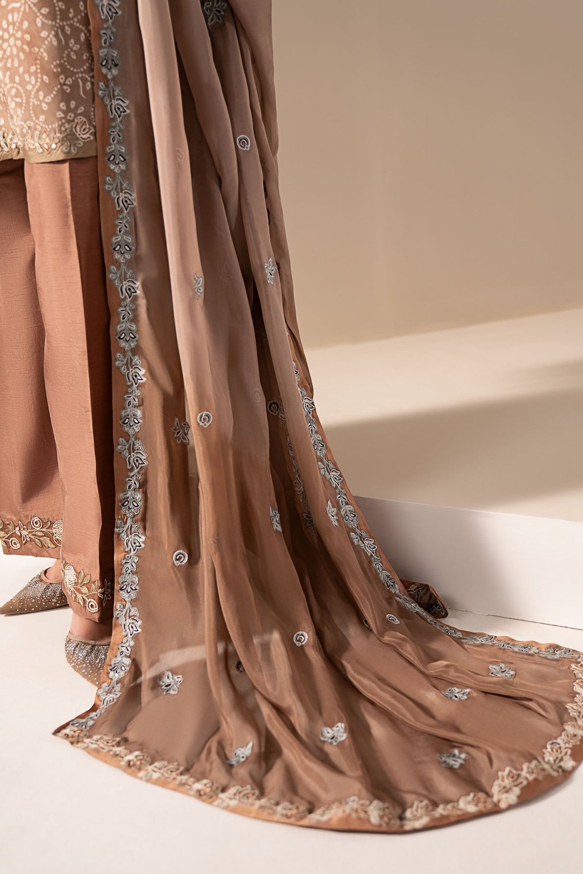 Maria B | RTW | 3 Piece Embroidered Silk Suit-Brand:Maria B-Type:Luxury Formals-Brown - House of Maryam- Buy in UK, USA
