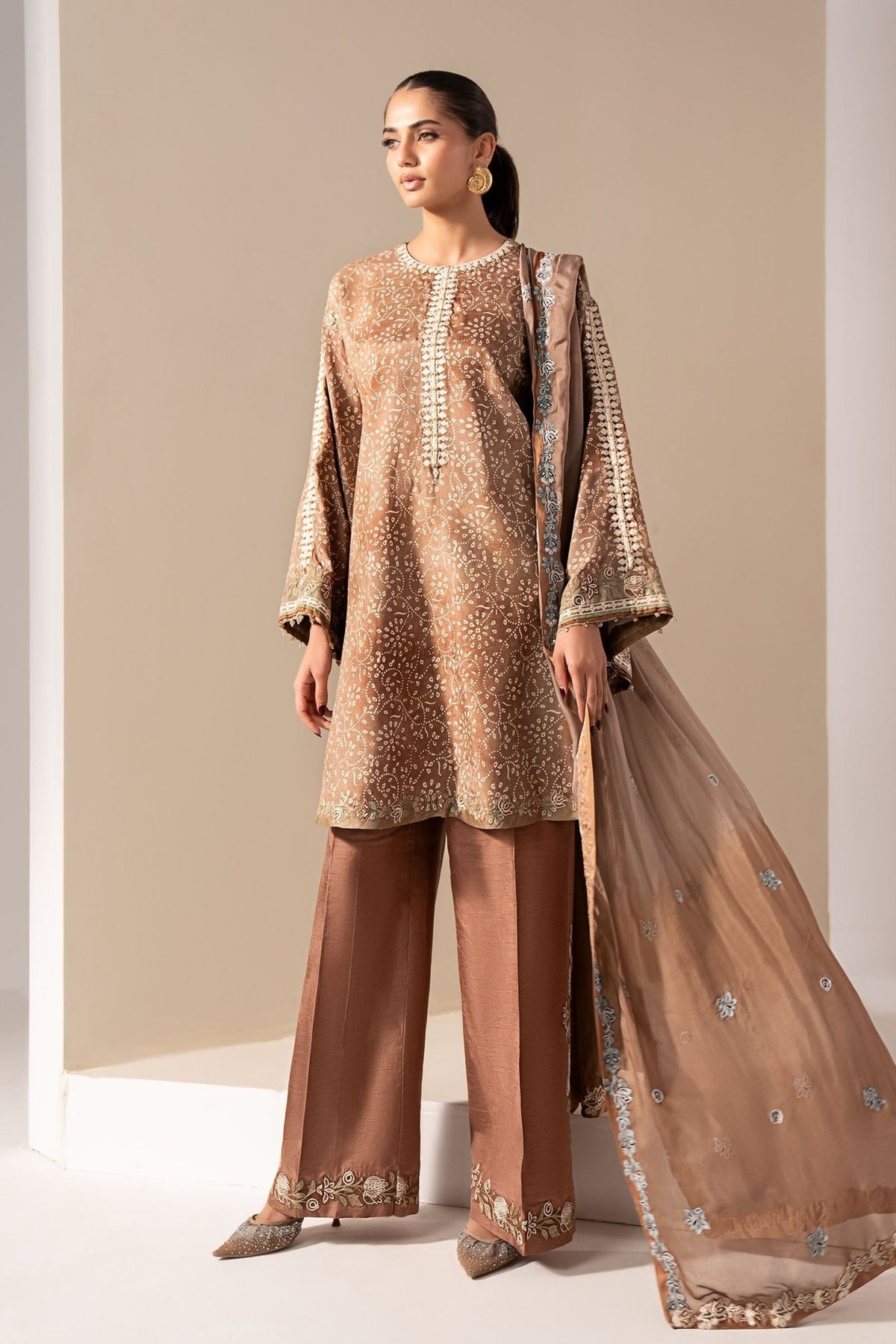 Maria B | RTW | 3 Piece Embroidered Silk Suit-Brand:Maria B-Type:Luxury Formals-Brown - House of Maryam- Buy in UK, USA