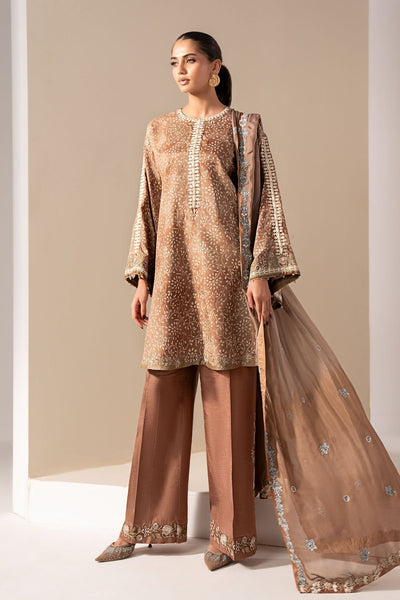 Maria B | RTW | 3 Piece Embroidered Silk Suit-Brand:Maria B-Type:Luxury Formals-Brown - House of Maryam- Buy in UK, USA