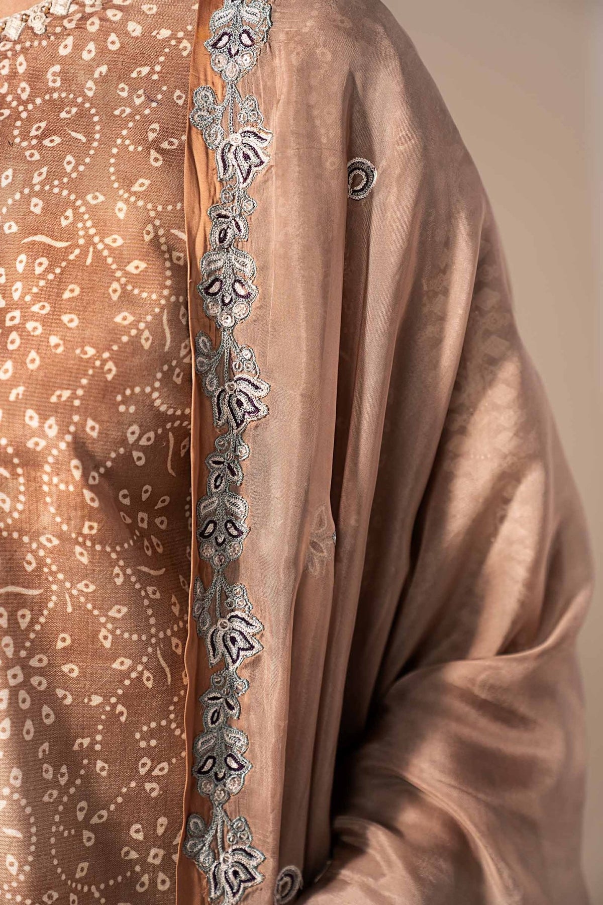 Maria B | RTW | 3 Piece Embroidered Silk Suit-Brand:Maria B-Type:Luxury Formals-Brown - House of Maryam- Buy in UK, USA