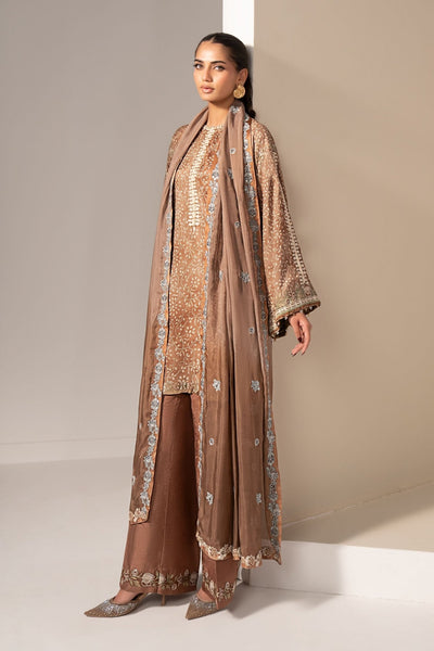 Maria B | RTW | 3 Piece Embroidered Silk Suit-Brand:Maria B-Type:Luxury Formals-Brown - House of Maryam- Buy in UK, USA