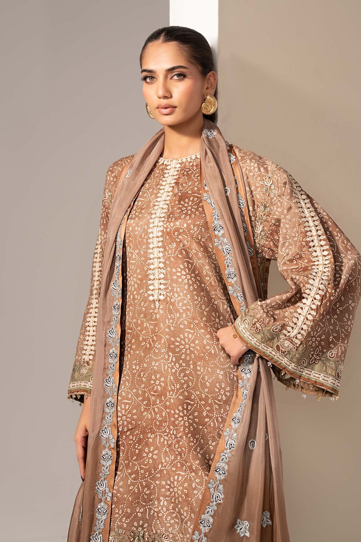 Maria B | RTW | 3 Piece Embroidered Silk Suit-Brand:Maria B-Type:Luxury Formals-Brown - House of Maryam- Buy in UK, USA