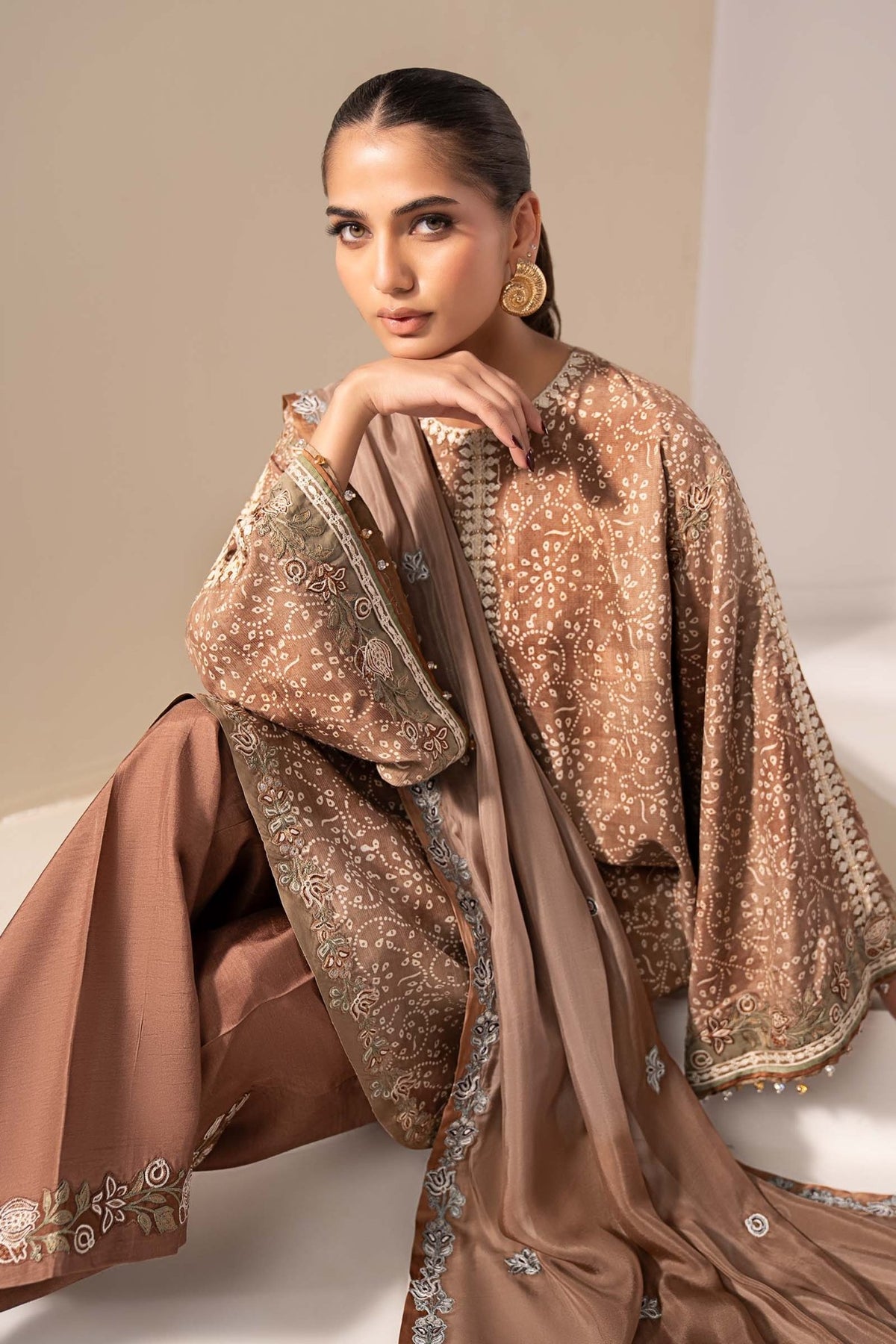 Maria B | RTW | 3 Piece Embroidered Silk Suit-Brand:Maria B-Type:Luxury Formals-Brown - House of Maryam- Buy in UK, USA