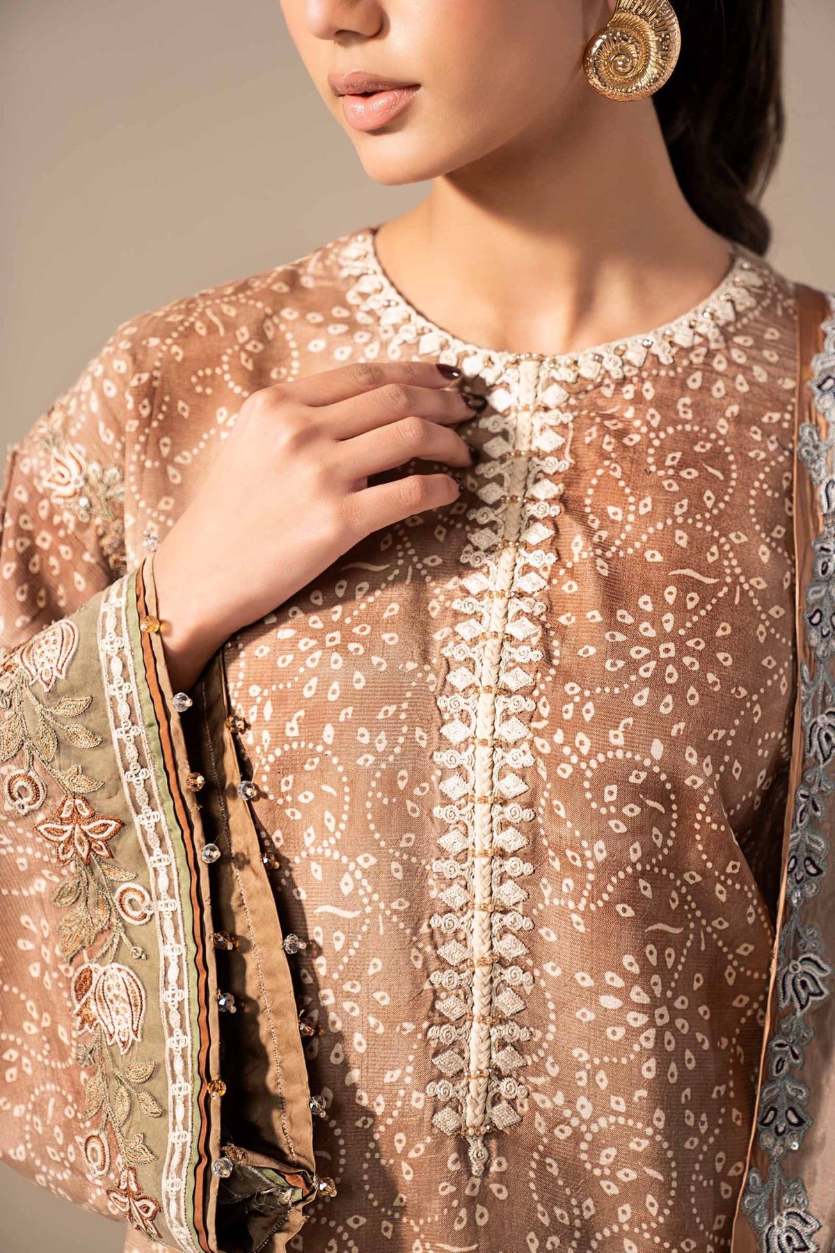 Maria B | RTW | 3 Piece Embroidered Silk Suit-Brand:Maria B-Type:Luxury Formals-Brown - House of Maryam- Buy in UK, USA