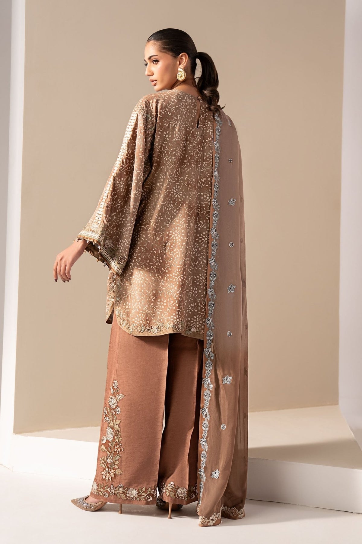 Maria B | RTW | 3 Piece Embroidered Silk Suit-Brand:Maria B-Type:Luxury Formals-Brown - House of Maryam- Buy in UK, USA