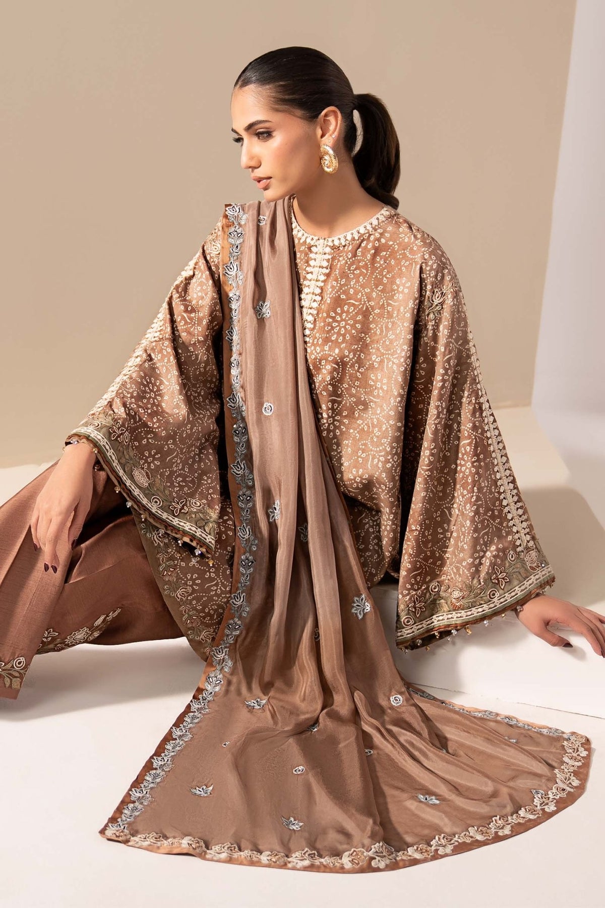 Maria B | RTW | 3 Piece Embroidered Silk Suit-Brand:Maria B-Type:Luxury Formals-Brown - House of Maryam- Buy in UK, USA
