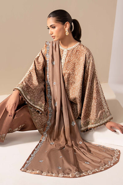 Maria B | RTW | 3 Piece Embroidered Silk Suit-Brand:Maria B-Type:Luxury Formals-Brown - House of Maryam- Buy in UK, USA