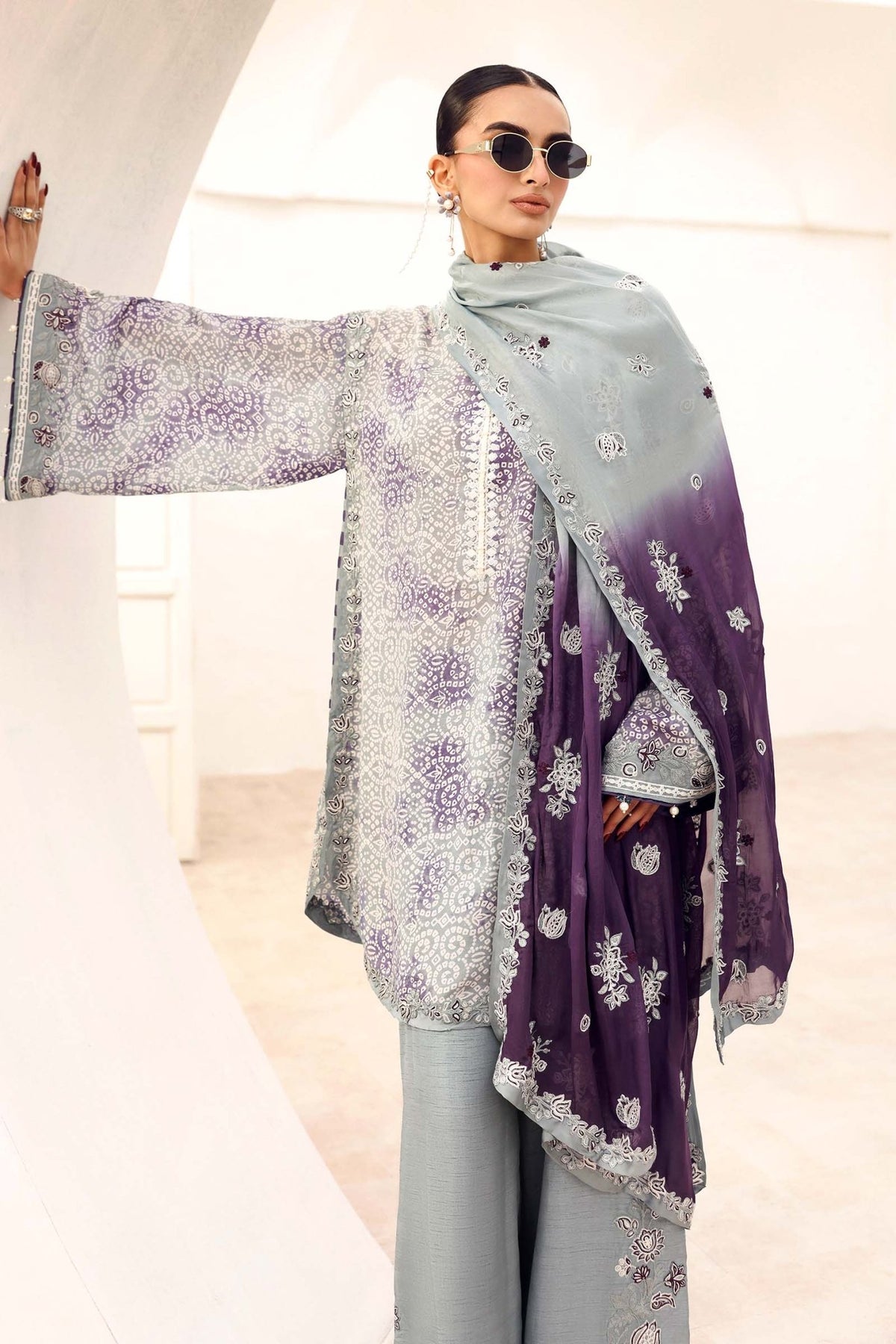 Maria B | RTW | 3 Piece Embroidered Silk Suit-Brand:Maria B-Type:Luxury Formals-Grey - House of Maryam- Buy in UK, USA