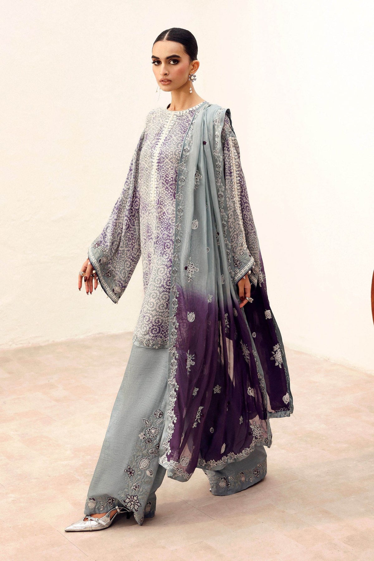 Maria B | RTW | 3 Piece Embroidered Silk Suit-Brand:Maria B-Type:Luxury Formals-Grey - House of Maryam- Buy in UK, USA