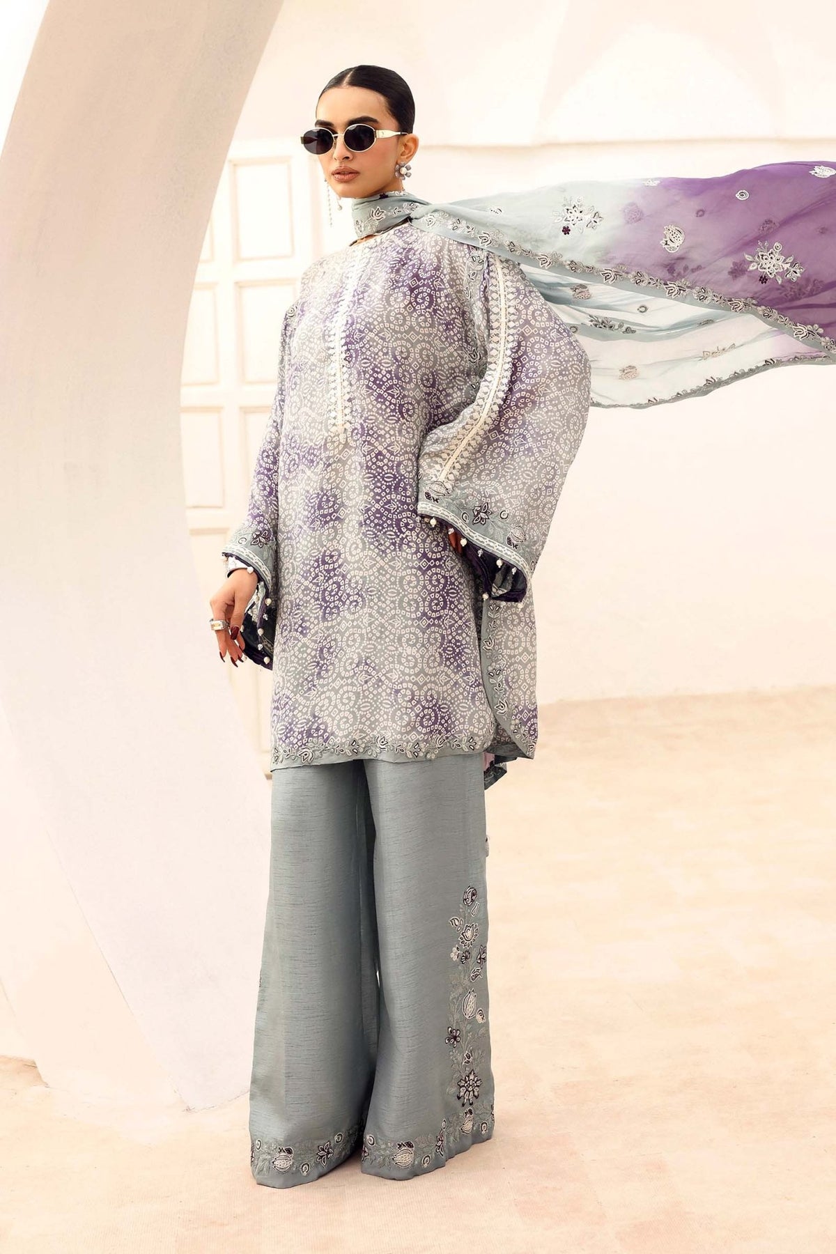 Maria B | RTW | 3 Piece Embroidered Silk Suit-Brand:Maria B-Type:Luxury Formals-Grey - House of Maryam- Buy in UK, USA
