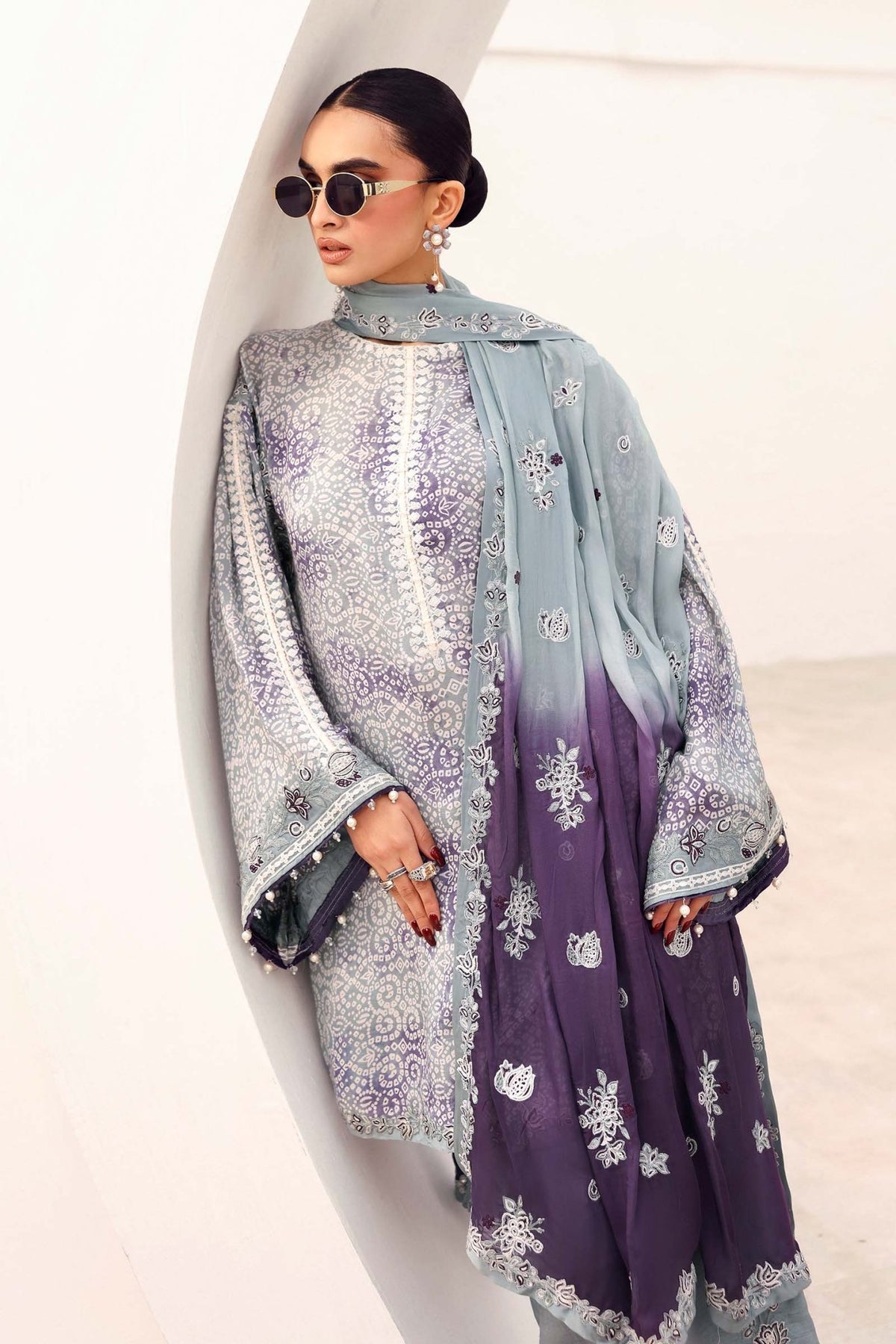 Maria B | RTW | 3 Piece Embroidered Silk Suit-Brand:Maria B-Type:Luxury Formals-Grey - House of Maryam- Buy in UK, USA