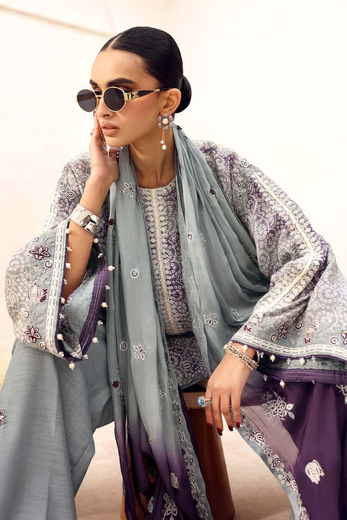 Maria B | RTW | 3 Piece Embroidered Silk Suit-Brand:Maria B-Type:Luxury Formals-Grey - House of Maryam- Buy in UK, USA