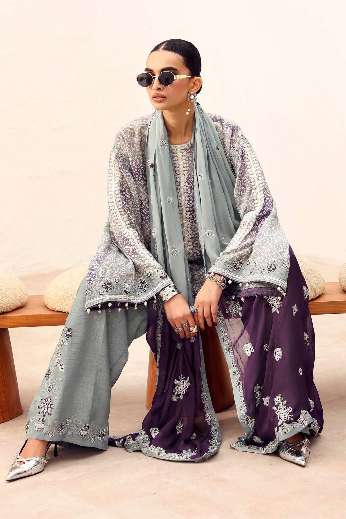 Maria B | RTW | 3 Piece Embroidered Silk Suit-Brand:Maria B-Type:Luxury Formals-Grey - House of Maryam- Buy in UK, USA