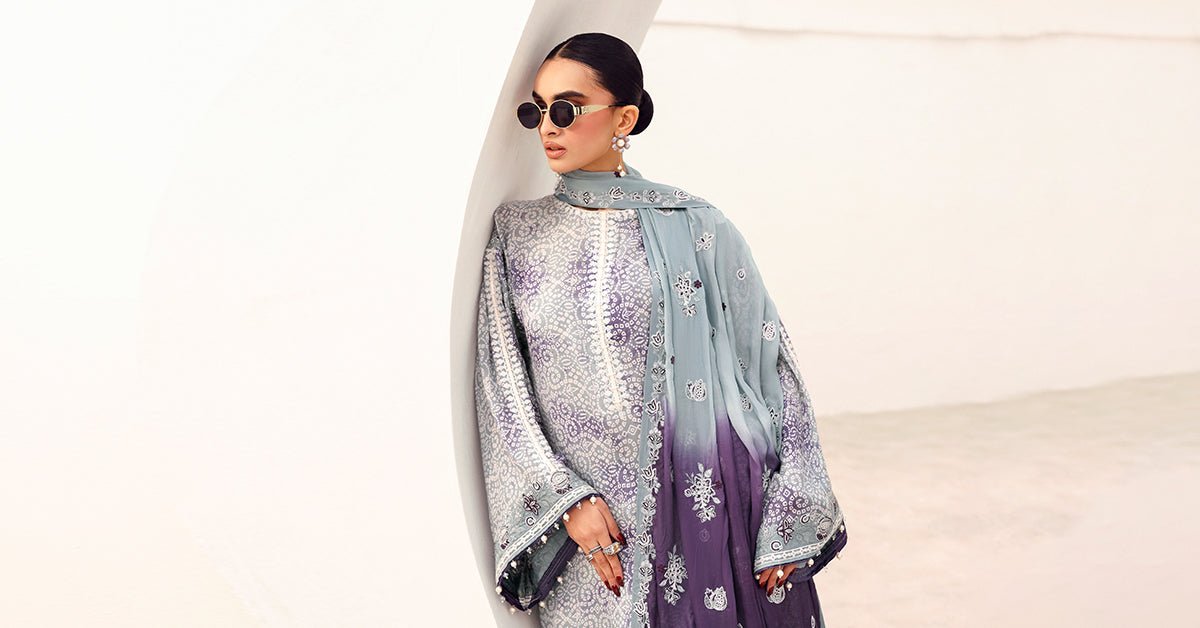 Maria B | RTW | 3 Piece Embroidered Silk Suit-Brand:Maria B-Type:Luxury Formals-Grey - House of Maryam- Buy in UK, USA