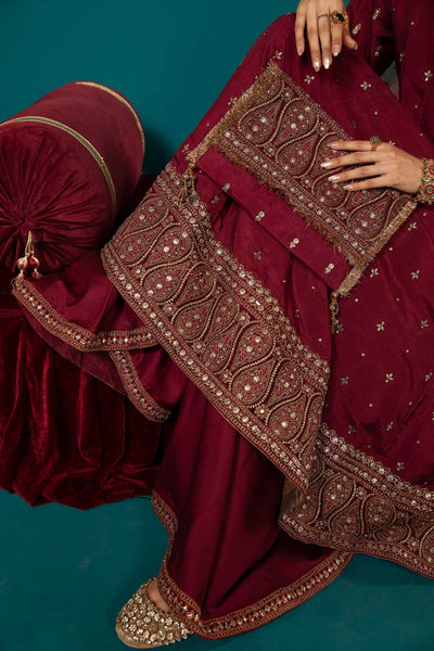 Maria B | RTW | 3 Piece Embroidered Suit-Brand:Maria B-Type:Luxury Formals-Maroon - House of Maryam- Buy in UK, USA